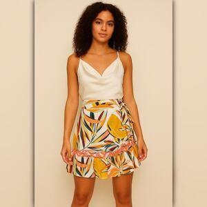 A384 • Tropical Leaf Print Wrap Skirt with Lace Trim